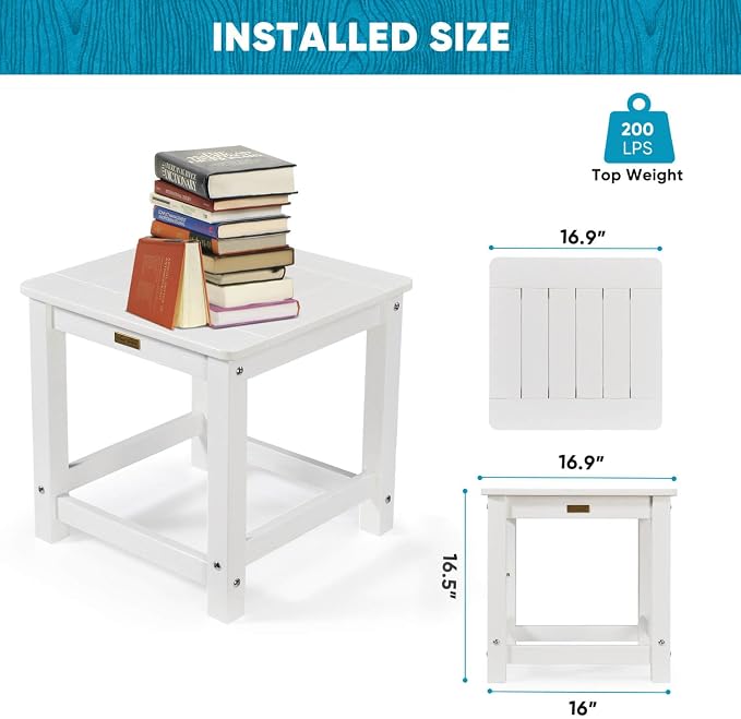 Outdoor Side Table, HIPS Plastic Composite Adirondack Patio Table, Weather Resistant End Tables for Outside, Indoor, Patio, Garden, Pool, Porch, Backyard, Lawn, Deck - White