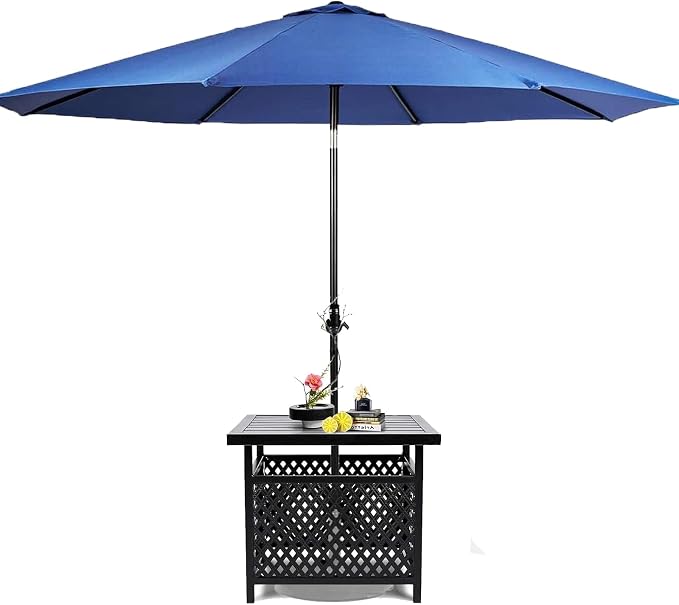 SUNCROWN Outdoor Patio Side Table, Patio Bistro Square Table with 9Ft Umbrella,for Backyard, Porch, Garden, Poolside(Dark Blue)