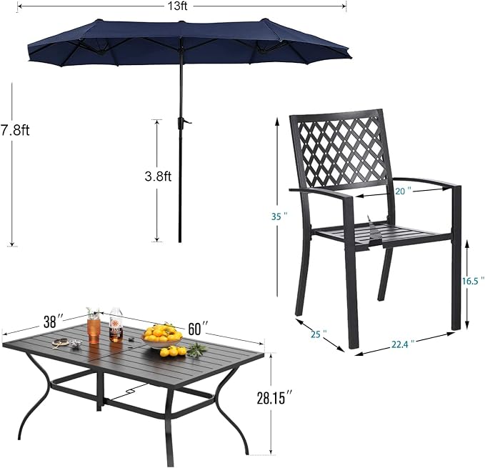 PHI VILLA 8 Pcs Patio Outdoor Dining Set w/ 13ft Double-Sided Patio Umbrella