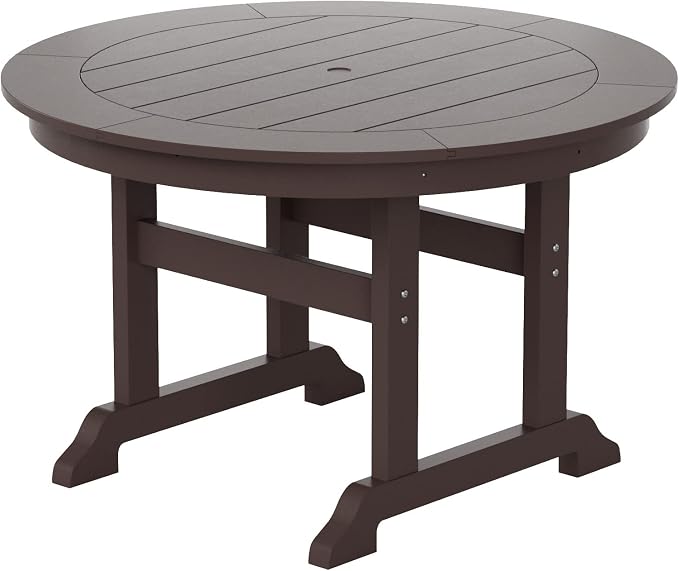 WestinTrends Dylan Adirondack Outdoor Dining Set for 4, All Weather Poly Lumber Patio Table and Chairs Set of 4, 47" Trestle Round Dining Table and Seashell Adirondack Dining Chair, Dark Brown