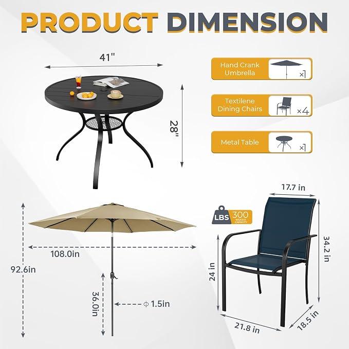 Incbruce 6 PCS Patio Dining Set with Brown Umbrella, Outdoor Dining Set of 4 Textilene Chairs and 41" Round Table with Umbrella Hole for Backyard, Garden, and Poolside (Blue)