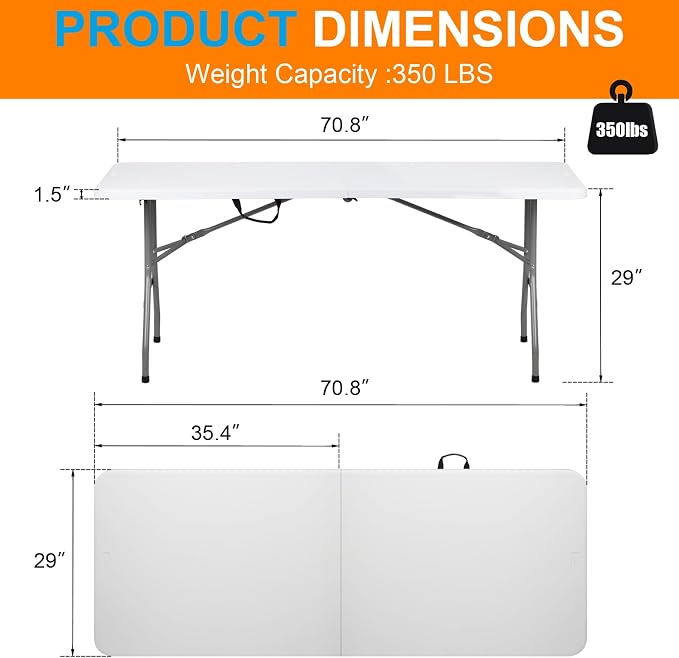 6 Feet Foldable Table with Steel Legs,6FT Heavy Duty Folding Portable Table Perfect for Party, Dining, Wedding, Events, Picnic Indoor, Outdoor, Camping, Utility