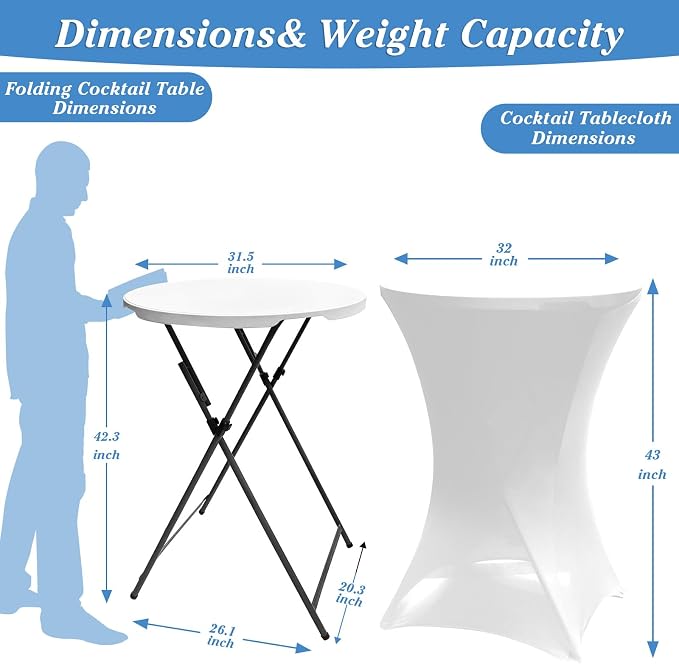 2 Sets 32in Round Folding Cocktail Tables with Spandex Stretch Table Covers for Indoor Outdoor Use Portable Ideal for Parties Events Dining and Gatherings (White Set+2cloth)