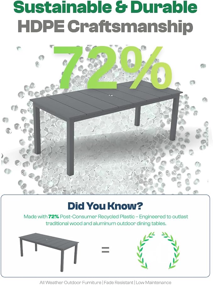 75.2" HDPE Outdoor Dining Table for 4-6 People, Rectangular Patio Dining Table with Umbrella Hole, All Weather Patio Dining Outdoor Table for Deck, Backyard and Garden, Gray