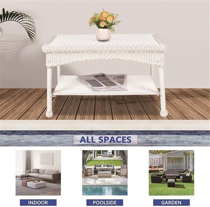 Pemberly Row Wicker Patio Coffee Table, 30" W x 18" D x 17" H, All-Weather Resin Surface, UV-Resistant, White Finish, Steel Frame, Lower Shelf, Durable Outdoor Table for Patio or Garden Use