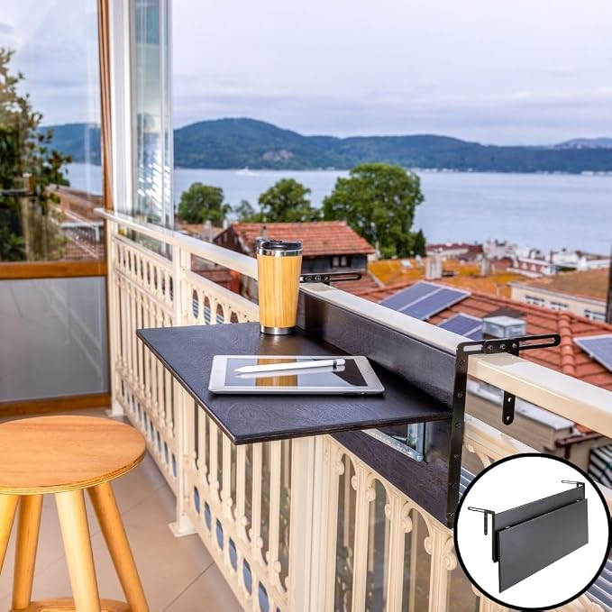 Balcony Bar Table for Railings, Outdoor Folding Deck Rail Table for Patio, Balcony Hanging Desk for Many Railings Compatible, Wooden Bar Serving Table for Porch (Black, M: 31.5 x 11.8 inches)