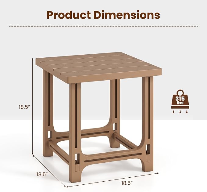 Tangkula Outdoor Adirondack Side Table, 18" Heavy Duty HDPE Patio End Table with Slatted Surface, 0-Screw Assembly, Easy Maintenance, Small Outdoor Side Table for Porch, Pool, Garden, Deck (2, Brown)
