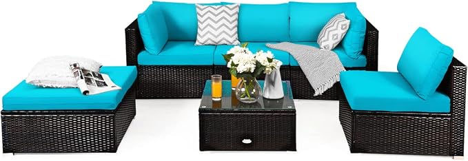 COSTWAY 6-Piece Outdoor Patio Furniture Set, Rattan Sectional Sofa Set with Tempered Glass Coffee Table, Cushions and Ottoman for Garden, Deck, Backyard (Turquoise)