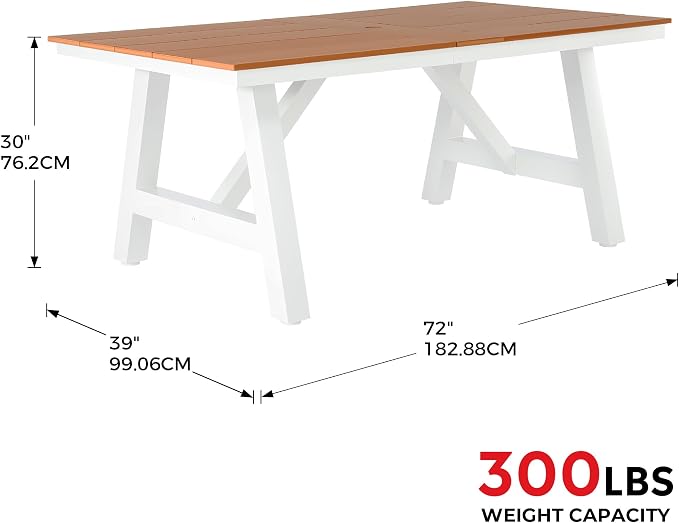 Costaelm Outdoor Dining Tables for Patio, 72" Rectangle 6-Person HDPE Dining Table with Umbrella Hole and Metal Frame for Outside, Garden, Poolside, Backyard, Porch, Balcony, Teak