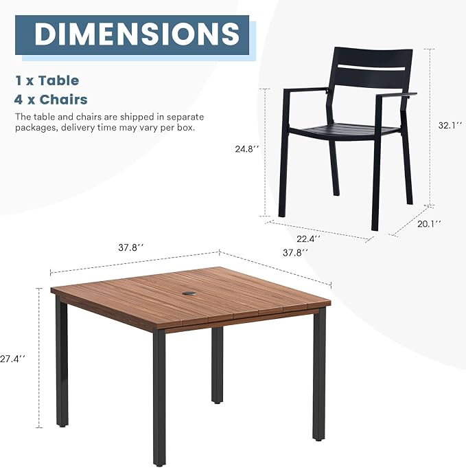 DIFY 5 Pieces Outdoor Patio Dining Set for 4, 40.2" Walnut Square Metal Dining Table and 4 Black Metal Stackable Dining Chairs, Outdoor Table and Chairs for Lawn Garden Poolside