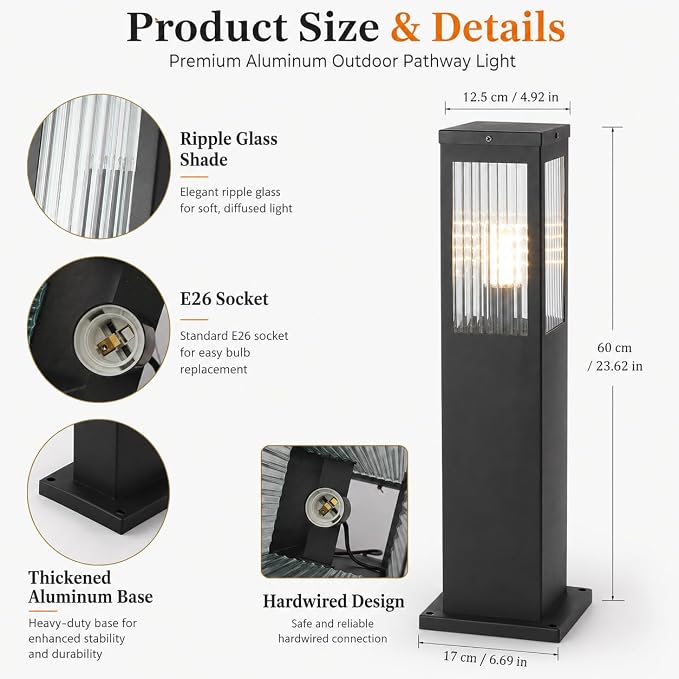 Hardwired 3000K E26 Pathway Lights Outdoor, 23.62Inch Landscape Path Lights | IP65 Waterproof Bollard Light, Exterior Lamp Path Light, Modern Commercial Pathway Lighting for Walkway Driveway Garden Patio