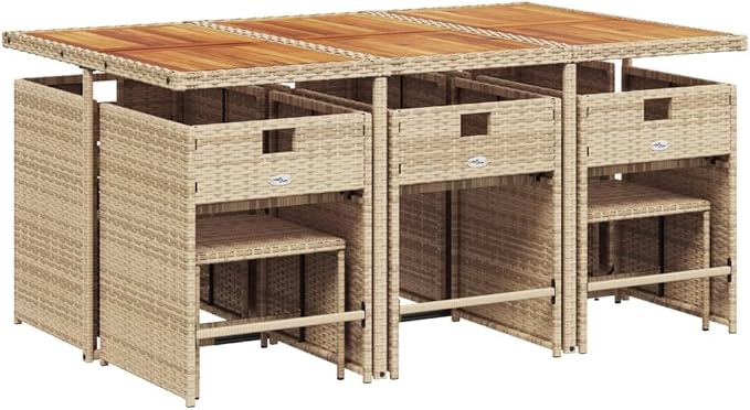 11 Piece Patio Dining Set with Cushions Beige Poly Rattan Outdoor Rattan Dining Table and 6 Chairs with 4 Stools for Garden Backyard Patio, Space-Saving Folding Chairs, Tabletop, Cream Cushions