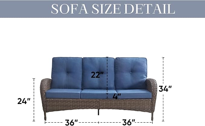 HUMMUH Outdoor Patio Couch with Thick Cushions Patio Sofa for Deck Lawn Porch Balcony Poolside-Brown/Blue