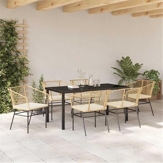 Afuera Living 7 Piece Patio Dining Set, Poly Rattan and Steel Frame, Brown Finish, UV-Resistant, Glass Tabletop, Seating for 6, Durable Outdoor Furniture for Garden or Patio Gatherings