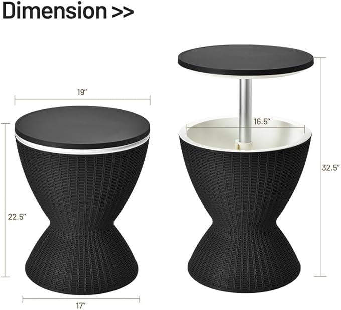 Black Side Table Outdoor Ice Cooler Side Table, 8 Gallon 2-Height Adjustable Portable Beverage Cooler, All-Weather Patio and Beach Party Drink Table, Patio Furniture Cooler Tables for Backyard Parties