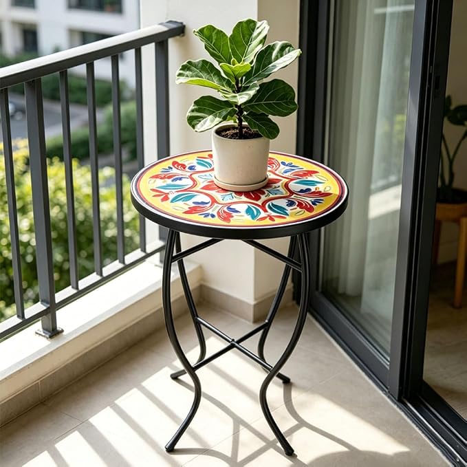 14 Inch Mosaic Patio Side Table with X-Curved Legs, Indoor Outdoor Accent Round End Table with Ceramic Tile Tops for Yard, Garden, Living Room, Bistro, C - Mediterranean Floral Pattern