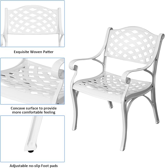 5 Pieces Cast Aluminium Outdoor Patio Dining Set for 4-6 Person,Round 42" Patio Table and 4 Chair with Umbrella Hole,Patio Bistro Dining Set for Garden,White