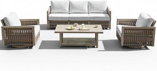 4 Pieces Outdoor Furniture Set, Never-Rust Aluminum Swivel Patio Conversation Set with Thick Cushions, Rope Weave Outdoor Sofa Set, Deep Seating Sofa Set for Garden, Pool, Porch, Gray Oak
