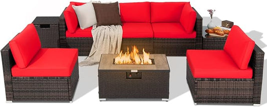 Tangkula 8 Piece Outdoor Wicker Sofa Set, Patio Rattan Conversation Set w/32” Propane Fire Pit Table & Tank Holder, 40,000 BTU Heat Output, Cozy Seat & Back Cushions, Fire Pit PVC Cover (Red)
