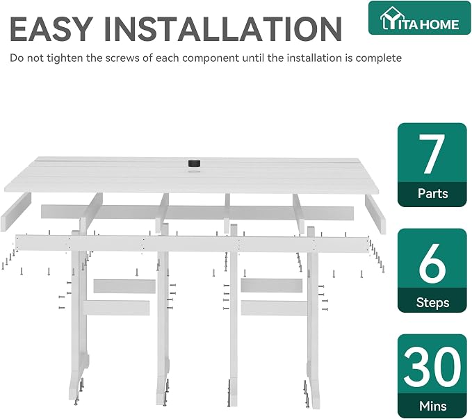 YITAHOME 71" HIPS Outdoor Dining Table for 6, Rectangular Patio Table with Umbrella Hole, All Weather Resin Large Table for Garden Backyard, High Capacity 165 LBS, White