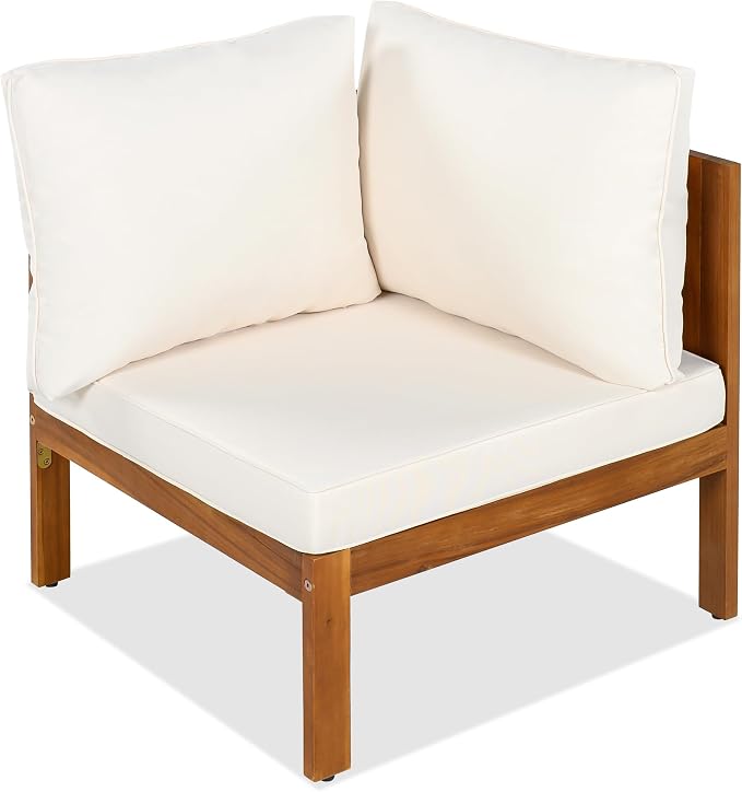 4 Piece Patio Seating Set, L-Shaped Patio Acacia Wood Sofa Set with Coffee Table and Side Table, Woven Mesh Armrests, Outdoor Conversation Set with Cushions, Beige+Teak