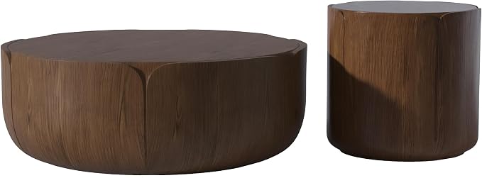 36" Round Coffee Table with 20" Round Side Table Set, Waterproof Sturdy MGO Wood Texture Grain Drum Outdoor Tables Set for Patio Garden Backyard Living Room, No-Assembly, Natural and Brown