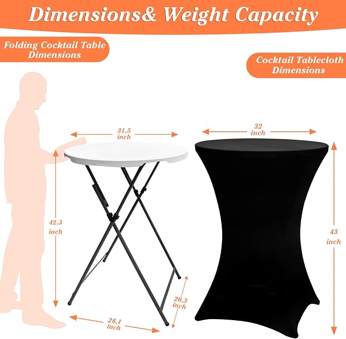 2 Sets 32in Round Folding Cocktail Tables with Spandex Stretch Table Covers for Indoor Outdoor Use Portable Ideal for Parties Events Dining and Gatherings (White Set+2BKcloth)