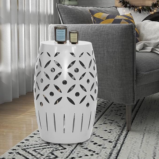 Round Patio Outdoor Indoor Lace Cut Steel Side Table Patio Garden Table Coffee End Table Nightstand for Small Spaces Living Room Front Porch Poolside White
