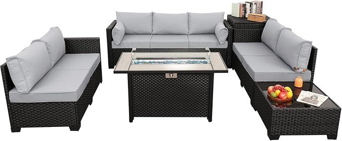 6 Piece Outdoor Furniture Sets Patio Furniture Set with 45 Inches Gas Fire Pit Outdoor Storage Box Glass Coffee Table and Waterproof Covers Anti-Slip Light Grey Cushions