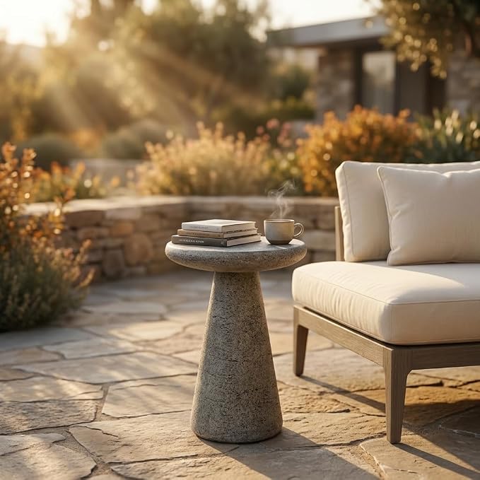 Modern Outdoor Side Table, Lightweight Faux Concrete Accent Table, Sculptural Decorative End Table for Patio, Balcony & Indoor Living Spaces