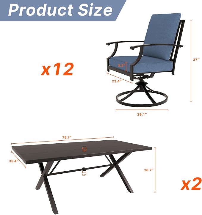Gotland 14 Piece Outdoor Dining Set, Metal Outdoor Table and Swivel Chairs with X-Shaped Legs 1.5" Umbrella Hole, Patio Furniture Set with Waterproof Cushions, Patio Dining Sets for Backyard Navy