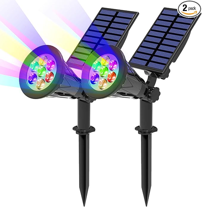 T-SUN Color Changing Solar Spot Lights Outdoor Waterproof, 7 LEDs, 2 Pack | 7 Color Changing Modes, IP65 Waterproof Dusk to Dawn Solar Uplights for Tree, Patio, Yard, Garden, Driveway, Pool Area