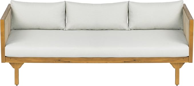 Christopher Knight Home Clarie Patio Sofa and Coffee Table Set, 2 Piece Outdoor Patio Furniture Set with Cushion, Acacia Wood 3 Seater Outdoor Sofa Daybed and Coffee Table Set, Light Gray+Teak