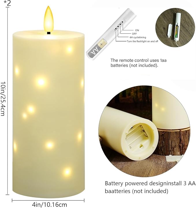YOROXRG 4" x 10" Large Outdoor Waterproof Flickering Flameless Candles with Timer,2Pcs Battery Operated LED Pillar Candles with Embedded Star String for Outdoor Lanterns,Porch,Patio Decor(Ivory)