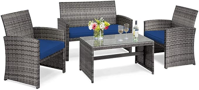 Tangkula 4 PCS Wicker Patio Conversation Set, Outdoor Rattan Sofas with Table Set, Patio Furniture Set with Soft Cushions & Tempered Glass Coffee Table for Poolside Balcony