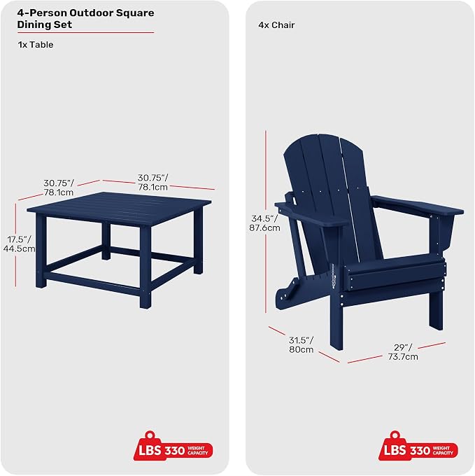Costaelm Patio Conversation Set, 5 piece Balcony Furniture, Small Patio Firepit Furniture Outdoor Adirondack Square Coffee Table and Chair for Backyard Lawn Porch Pool Garden, Navy Blue