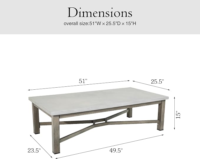PEAK HOME FURNISHINGS Outdoor Rectangular Coffee Table with Aluminum-Honeycomb Composite Concrete Table Top
