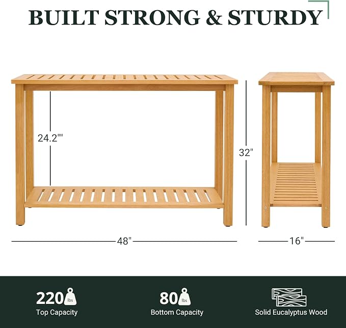 Premium 2-Tier Wooden Console Table with Storage Shelf Solid Eucalyptus Wood 48.03"x 16.14"x 31.1" Entryway Sofa Table for Hallway, Living Room (Golden)
