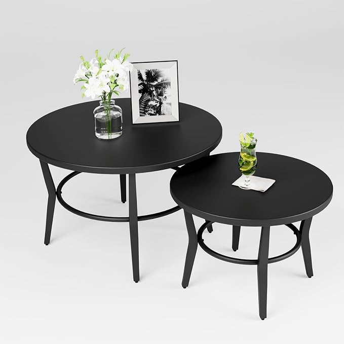 ALAULM Patio Round Coffee Table Set of 2, Outdoor Large Side Table-Weather Resistant Metal Steel for Patio, Backyard, Pool,Lawn(Black)
