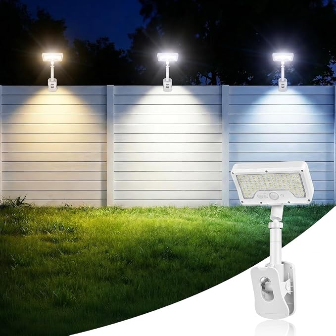 iMaihom Clip On Solar Lights Outdoor with Motion Sensor, 92 LED 600LM Solar Fence Lights, Warm/Neutral/Cool White, 360° Adjustable, IP65 Waterproof Security Light for Deck, Gutter, Porch (1, White)