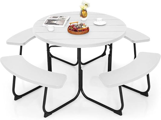 Giantex Picnic Table Set for Up to 8 Persons, Round Outdoor Table and Bench Set with Umbrella Hole, HDPE Top & Metal Frame, 2000LBS Capacity, Patio Table Bench for Deck Backyard Garden (White)