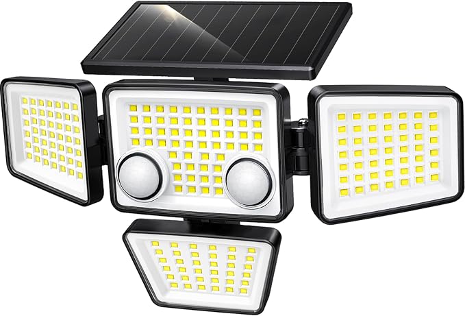 LYWALT Solar Outdoor Lights - 3000LM 188 LED Motion Sensor Outdoor Lights, 4 Heads Security Light,IP65 Waterproof, Easy Install,270°Wide Angle Flood Wall Light with 3 Modes for Backyard Yard