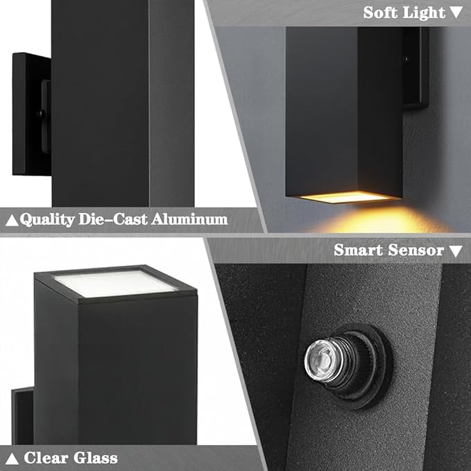 SHIMR Dusk to Dawn Outdoor Wall Lights, Modern Outdoor Sconce, ETL Listed | Black, Waterproof Aluminum Exterior Light Fixture, E26 Base, LED Bulbs Included, Up and Down Lights for Porch Garage Patio