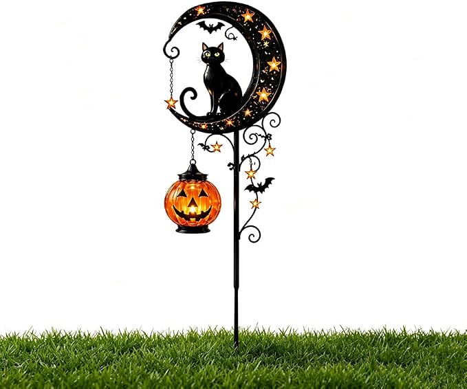 Solar Halloween Black Cat & Pumpkin Moon Garden Stake Light, Outdoor Waterproof LED Yard Decoration with Crescent Moon, Hanging Jack-o'-Lantern Lantern for Garden, Patio, Walkway, Porch(Style B)