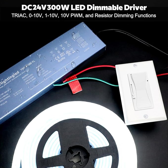 DC24V 300W UL-Listed 0/1-10V & TRIAC Dimmable LED Transformer Drive Waterproof IP67 Outdoor Power Supply for 24V DMX LED Wash Wall Lights(24V 300W 0-10V+Triac)