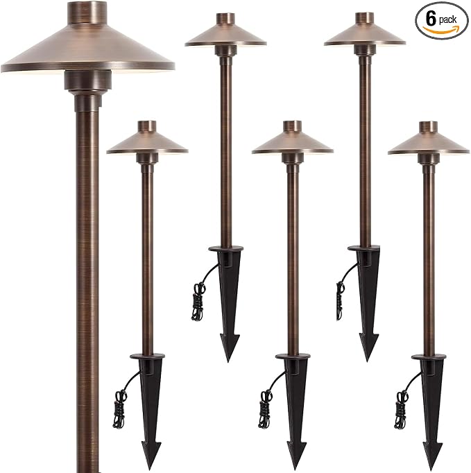 Gardencoin Solid Brass Low Voltage Pathway Lights (6.7'' Shade, 21.9'' Tall), 12V AC/DC Heavy Duty LED Landscape Path Lights Outdoor Wired, Antique Bronze Walkway Lights with Larger Stake, 6-Pack