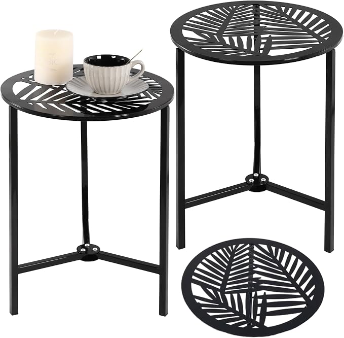 Party Zealot Set of 2 Small Round Metal Side Tables, 13-Inch Black Outdoor End Tables for Patio, Balcony, Porch or Garden – Weather-Resistant Corner Coffee Table for Small Spaces & Indoor Plant Stand