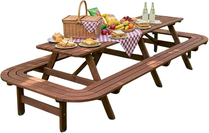 14-16 Person Wood Picnic Table with Attached Benches & Umbrella Hole,Rectangle Brown Outdoor Wooden Dining Table & Chairs for Patio Yard Garden Porch Deck