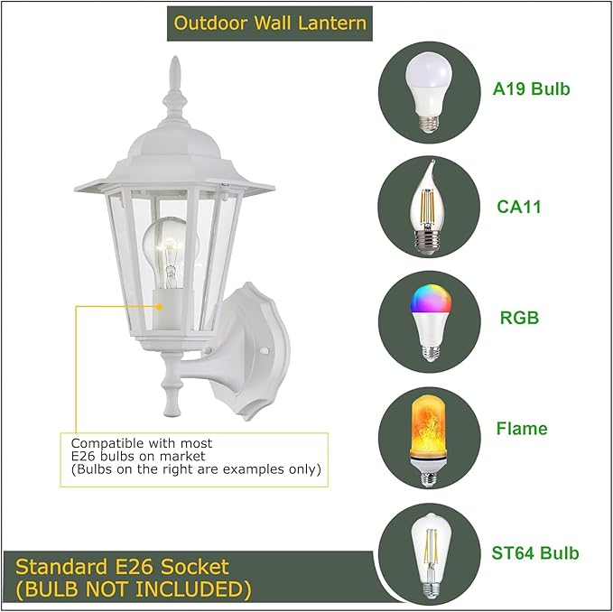 WISBEAM 2 Pack Outdoor Wall Light, White Wall Sconce for House Porch Lighting Fixture, E26 Base 60W Max, Metal Housing Plus Glass, Wet Location Rated, ETL Qualified, Bulbs not Included