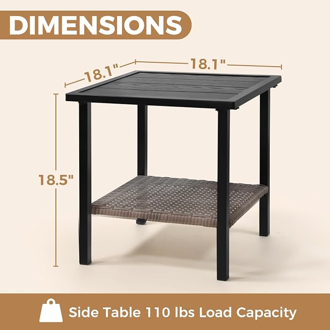 COOS BAY Sunset Haven Outdoor Patio Side Table, Square Outdoor Coffee Table with Double-Tier Storage, Wicker Patio End Table, 18.1"x18.1"x18.5", Brown